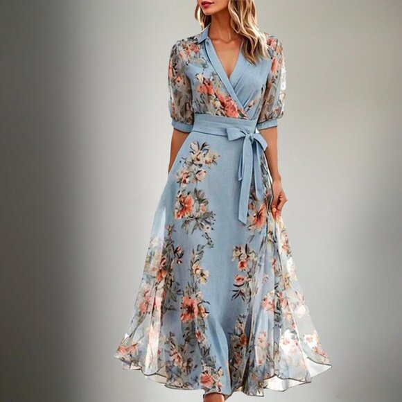 Blue V-Neck Short Sleeve Midi Dress - Picture 1 of 1